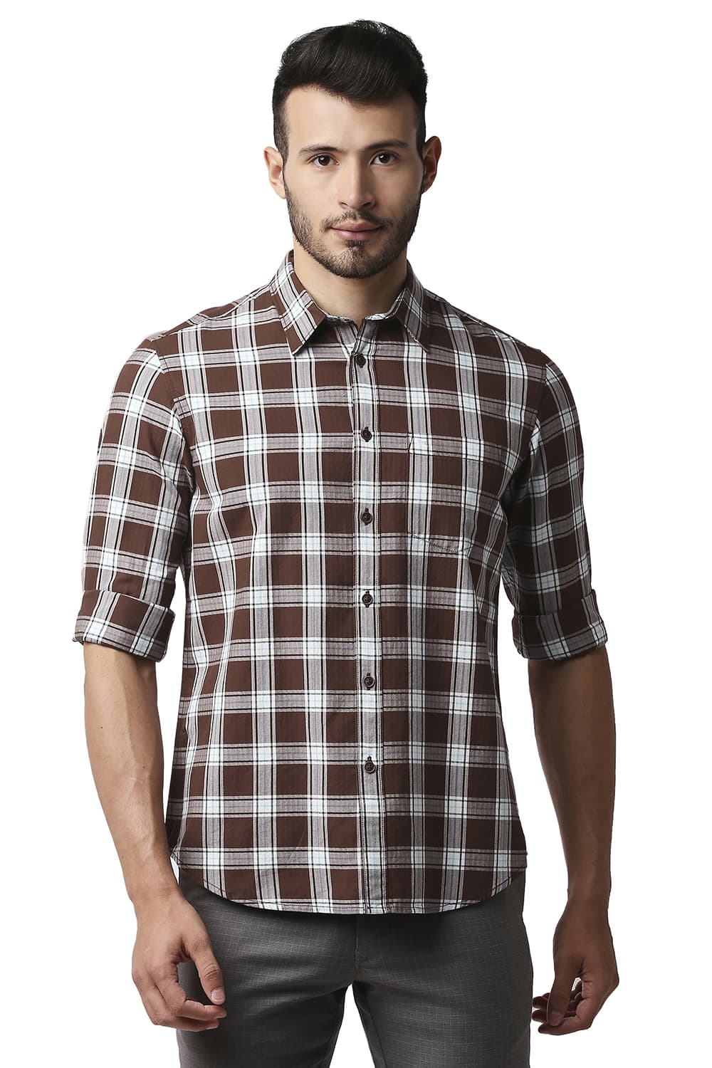 BASICS SLIM FIT HERRING BONE TWILL CHECKS SHIRT