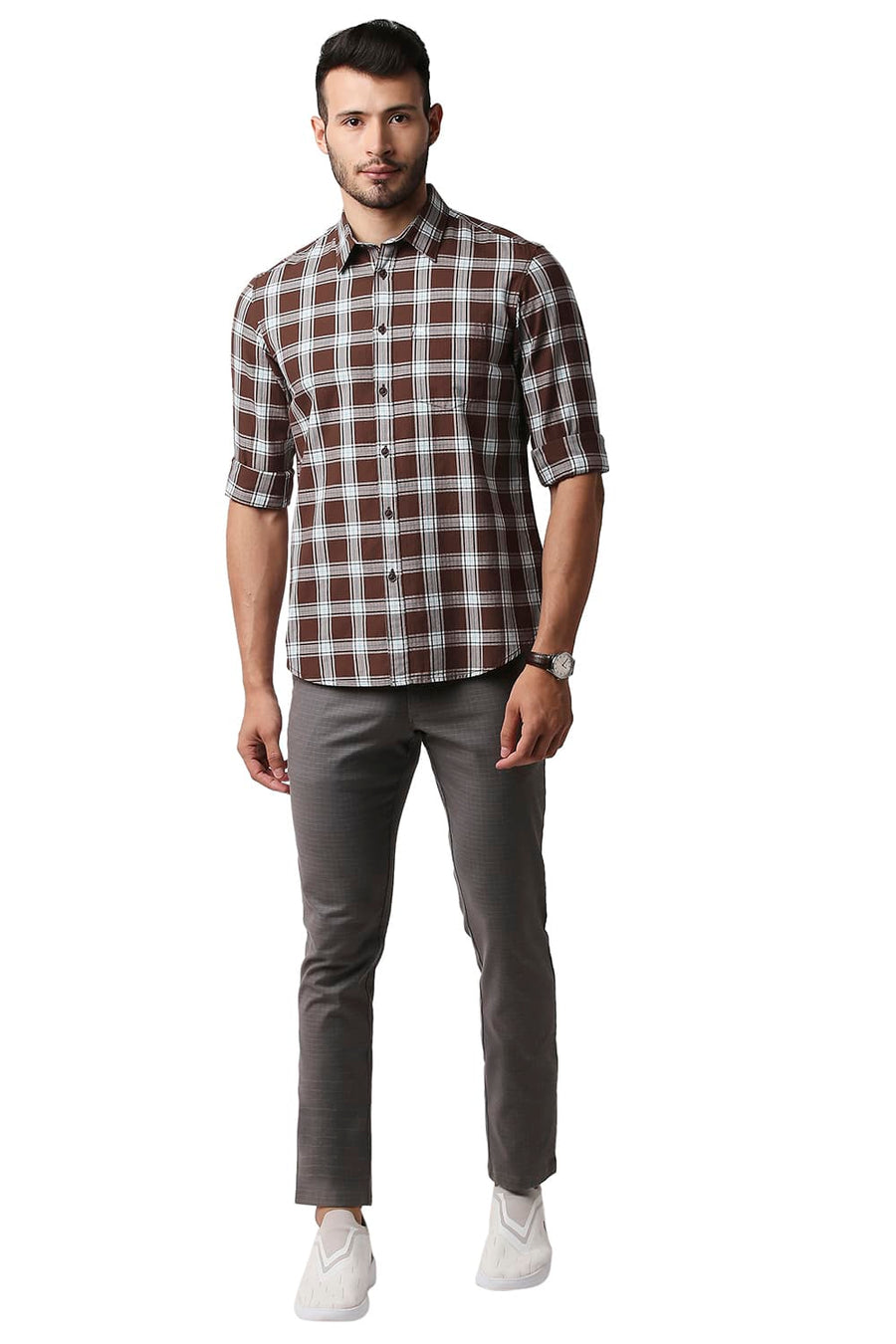 BASICS SLIM FIT FRIAR BROWN HERRING BONE TWILL CHECKS SHIRT