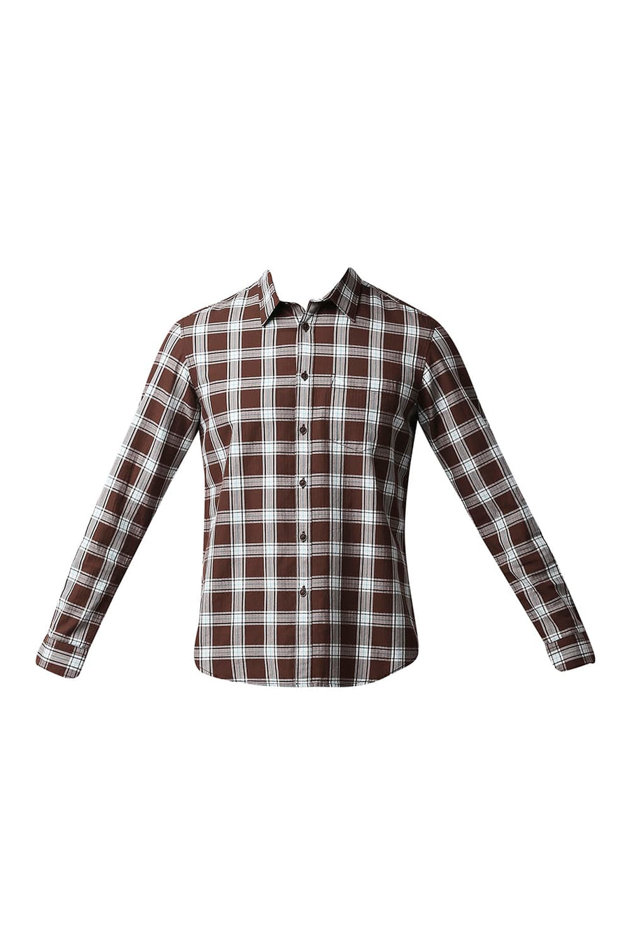 BASICS SLIM FIT FRIAR BROWN HERRING BONE TWILL CHECKS SHIRT