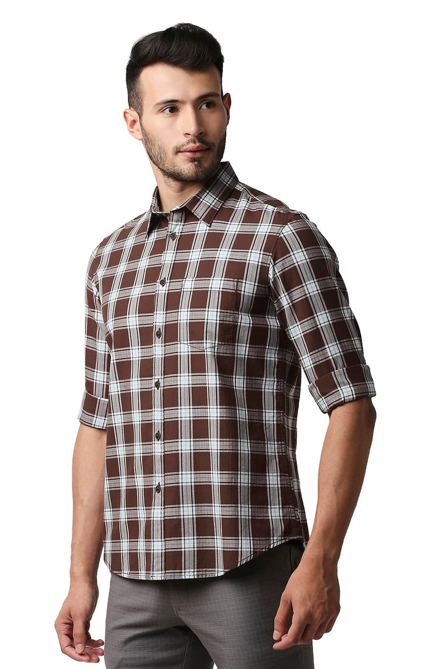BASICS SLIM FIT FRIAR BROWN HERRING BONE TWILL CHECKS SHIRT