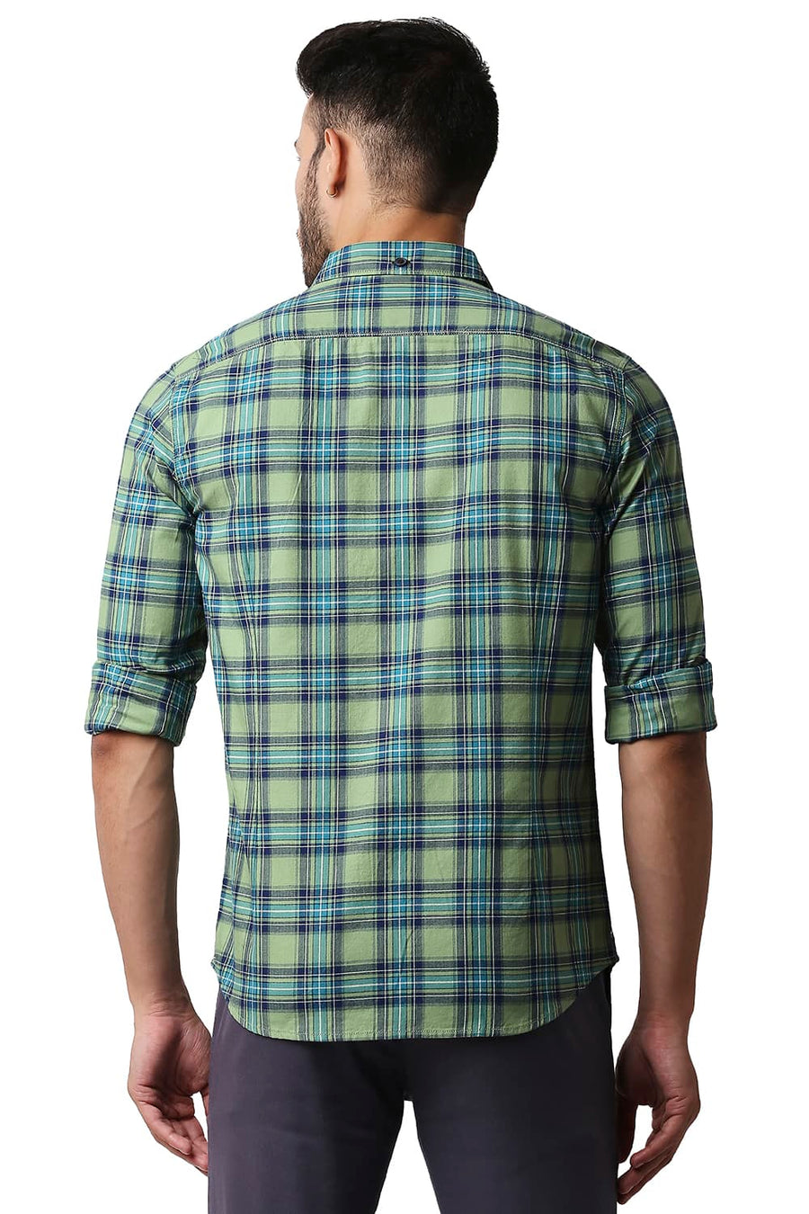 BASICS SLIM FIT ASPEN GREEN HERRING BONE TWILL CHECKS SHIRT