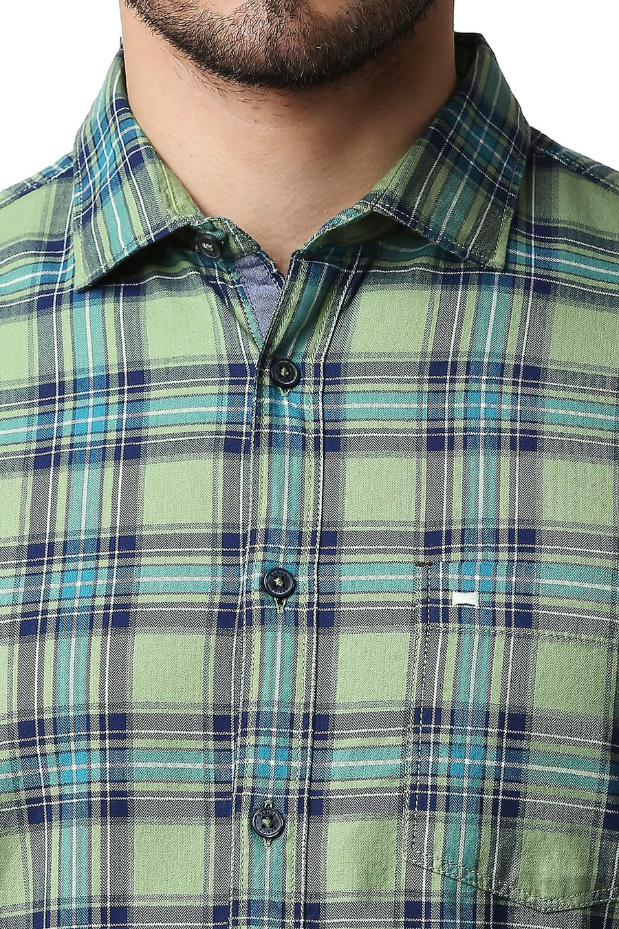BASICS SLIM FIT ASPEN GREEN HERRING BONE TWILL CHECKS SHIRT