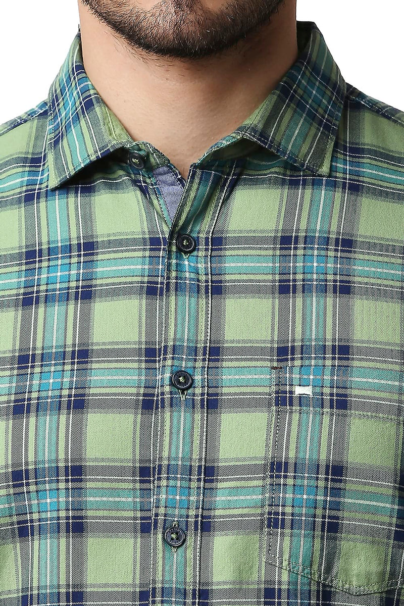 BASICS SLIM FIT HERRING BONE TWILL CHECKS SHIRT