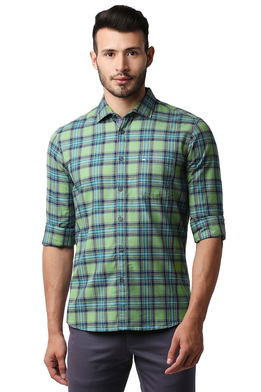 BASICS SLIM FIT ASPEN GREEN HERRING BONE TWILL CHECKS SHIRT