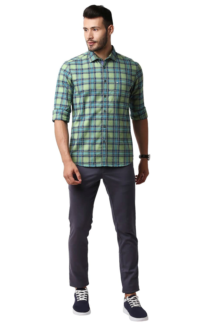 BASICS SLIM FIT ASPEN GREEN HERRING BONE TWILL CHECKS SHIRT