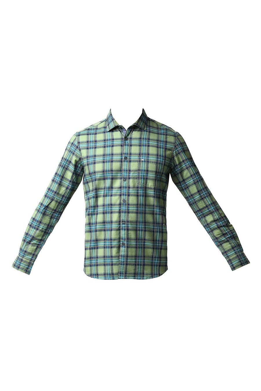 BASICS SLIM FIT ASPEN GREEN HERRING BONE TWILL CHECKS SHIRT