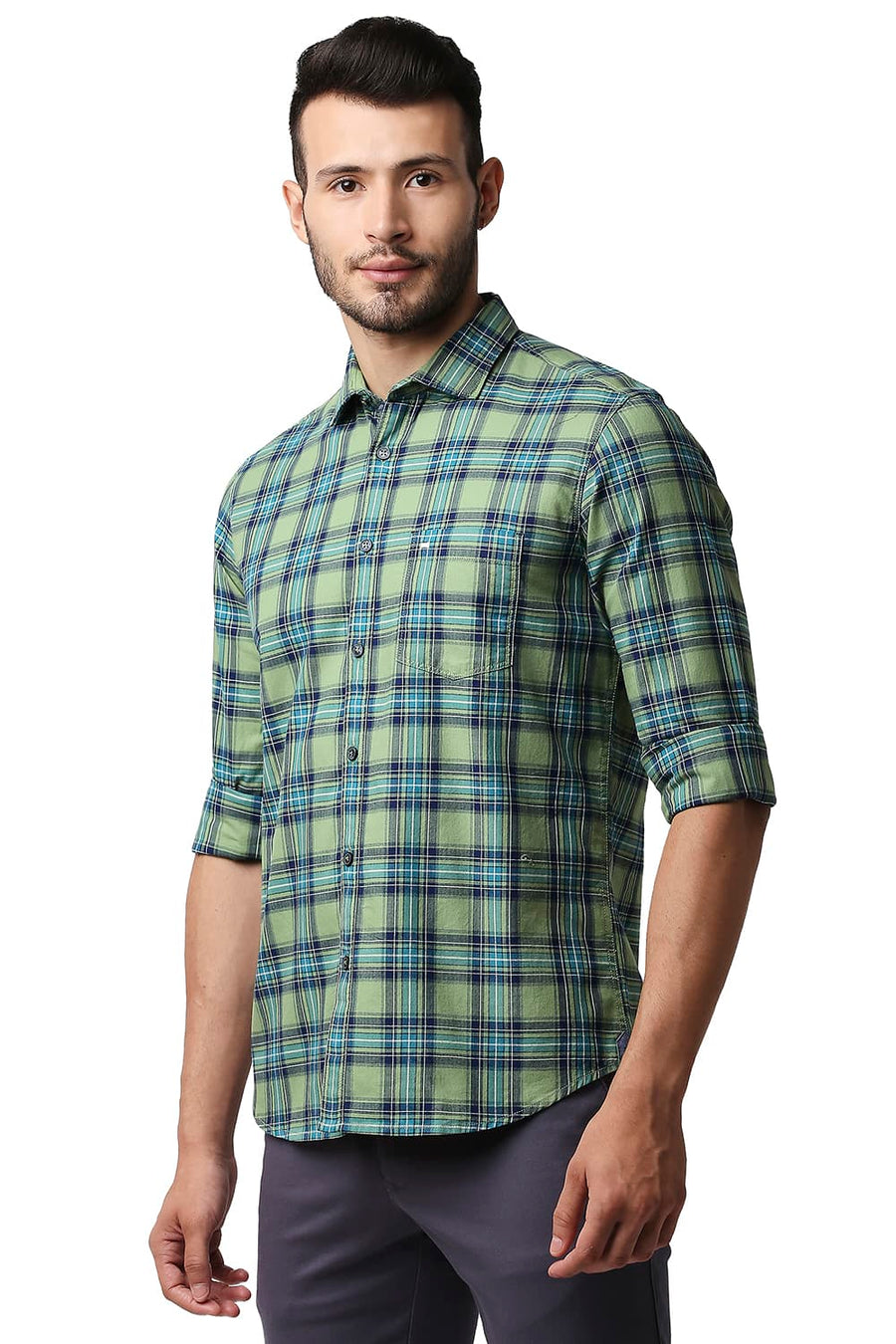 BASICS SLIM FIT ASPEN GREEN HERRING BONE TWILL CHECKS SHIRT
