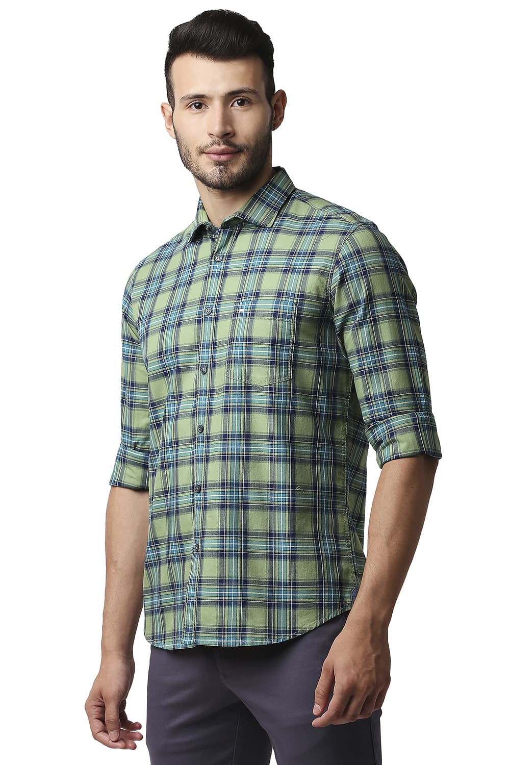 BASICS SLIM FIT HERRING BONE TWILL CHECKS SHIRT