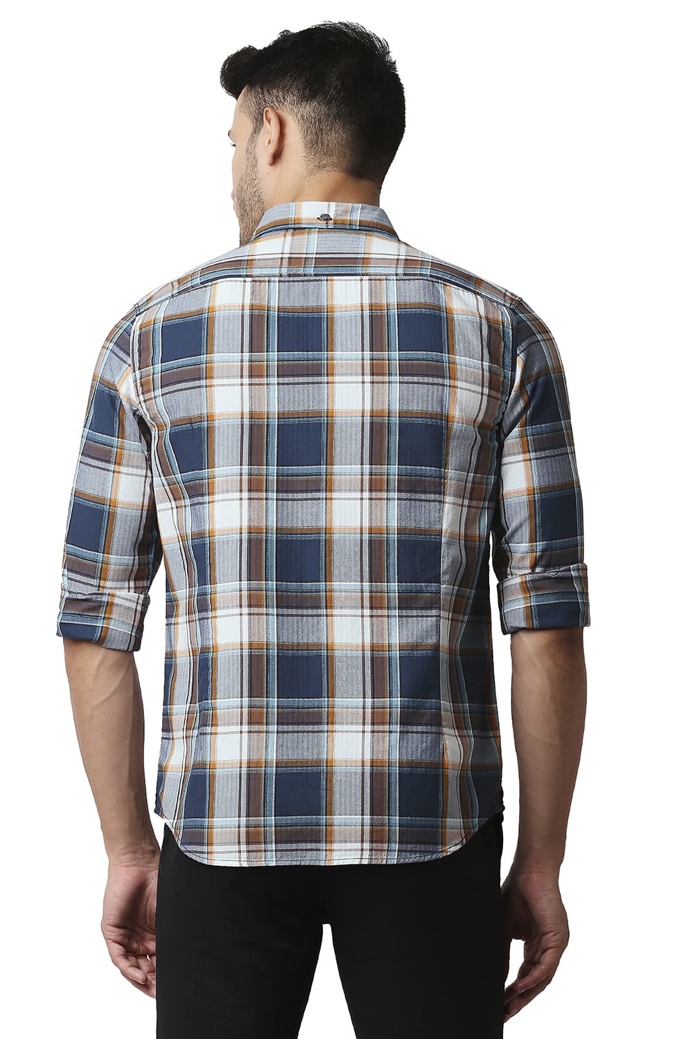 BASICS SLIM FIT HERRING BONE TWILL CHECKS SHIRT