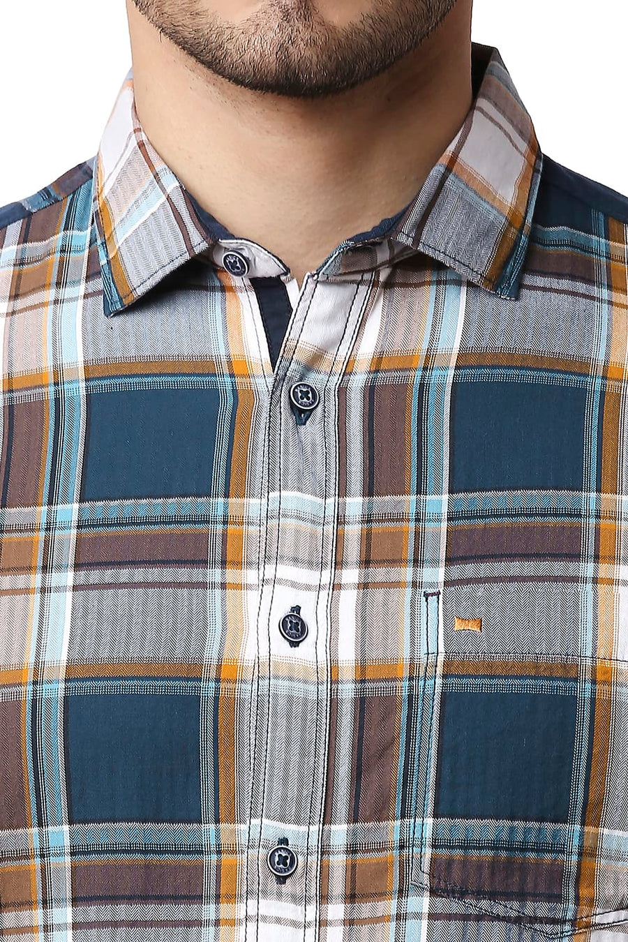 BASICS SLIM FIT LEGION TURQUOISE HERRING BONE TWILL CHECKS SHIRT