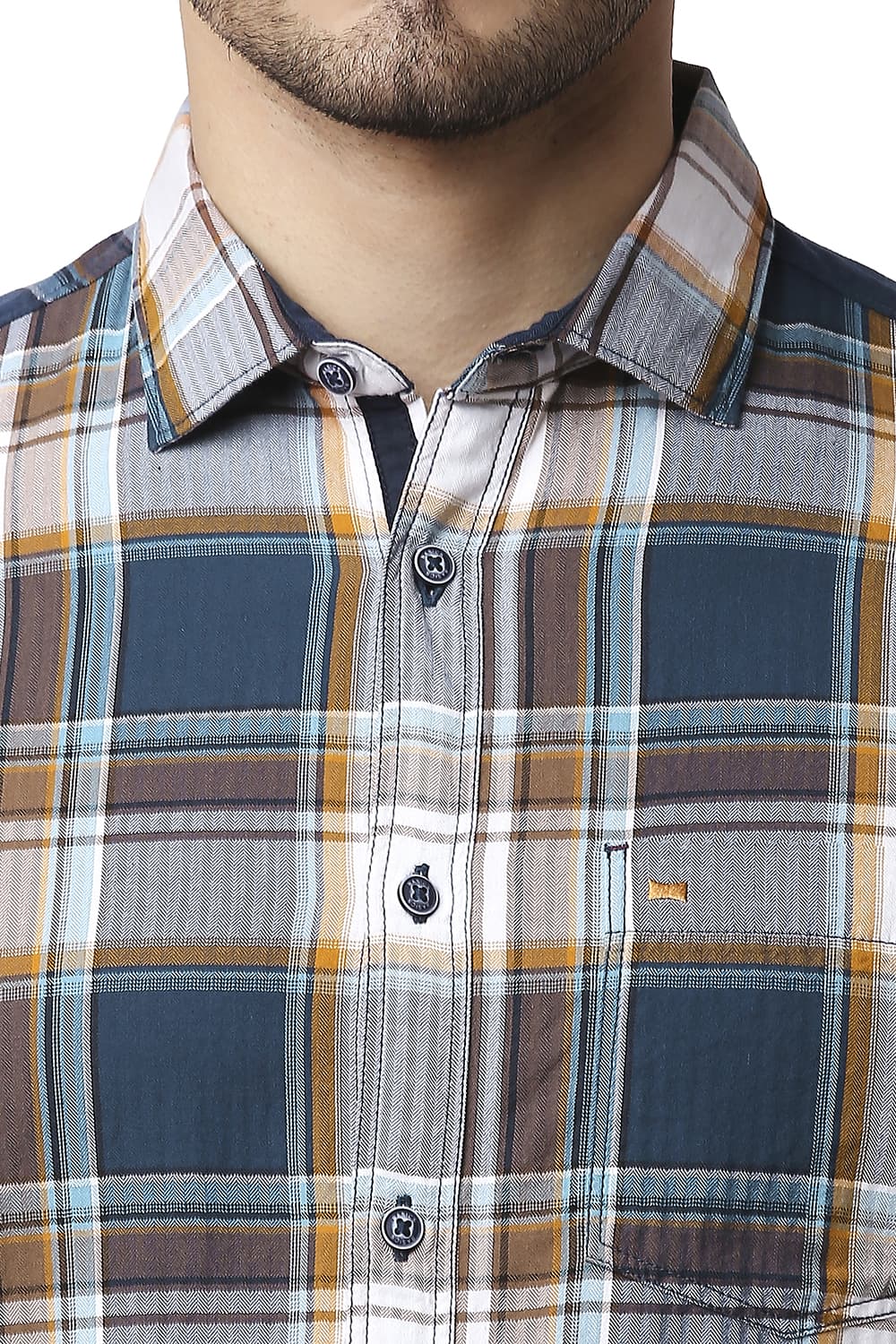 BASICS SLIM FIT HERRING BONE TWILL CHECKS SHIRT