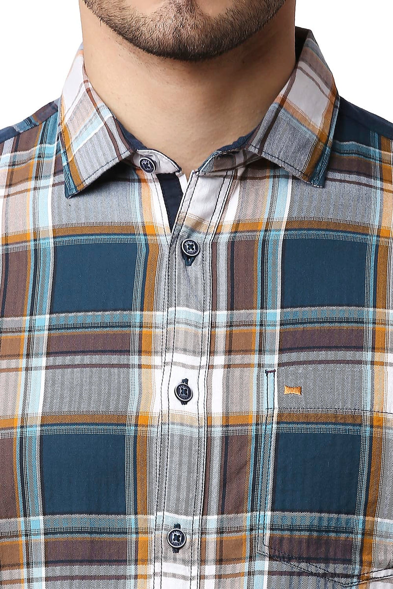 BASICS SLIM FIT HERRING BONE TWILL CHECKS SHIRT