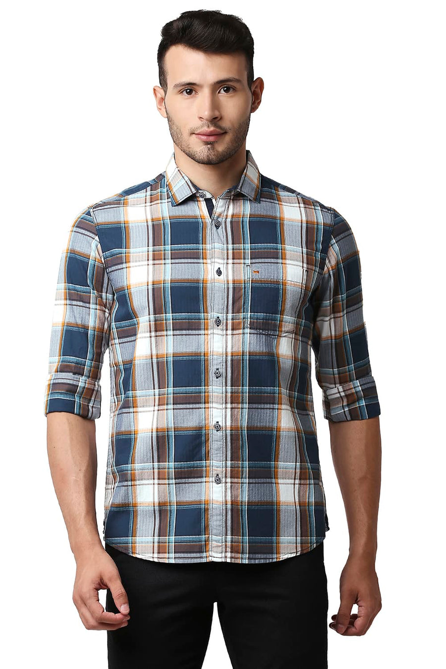 BASICS SLIM FIT LEGION TURQUOISE HERRING BONE TWILL CHECKS SHIRT
