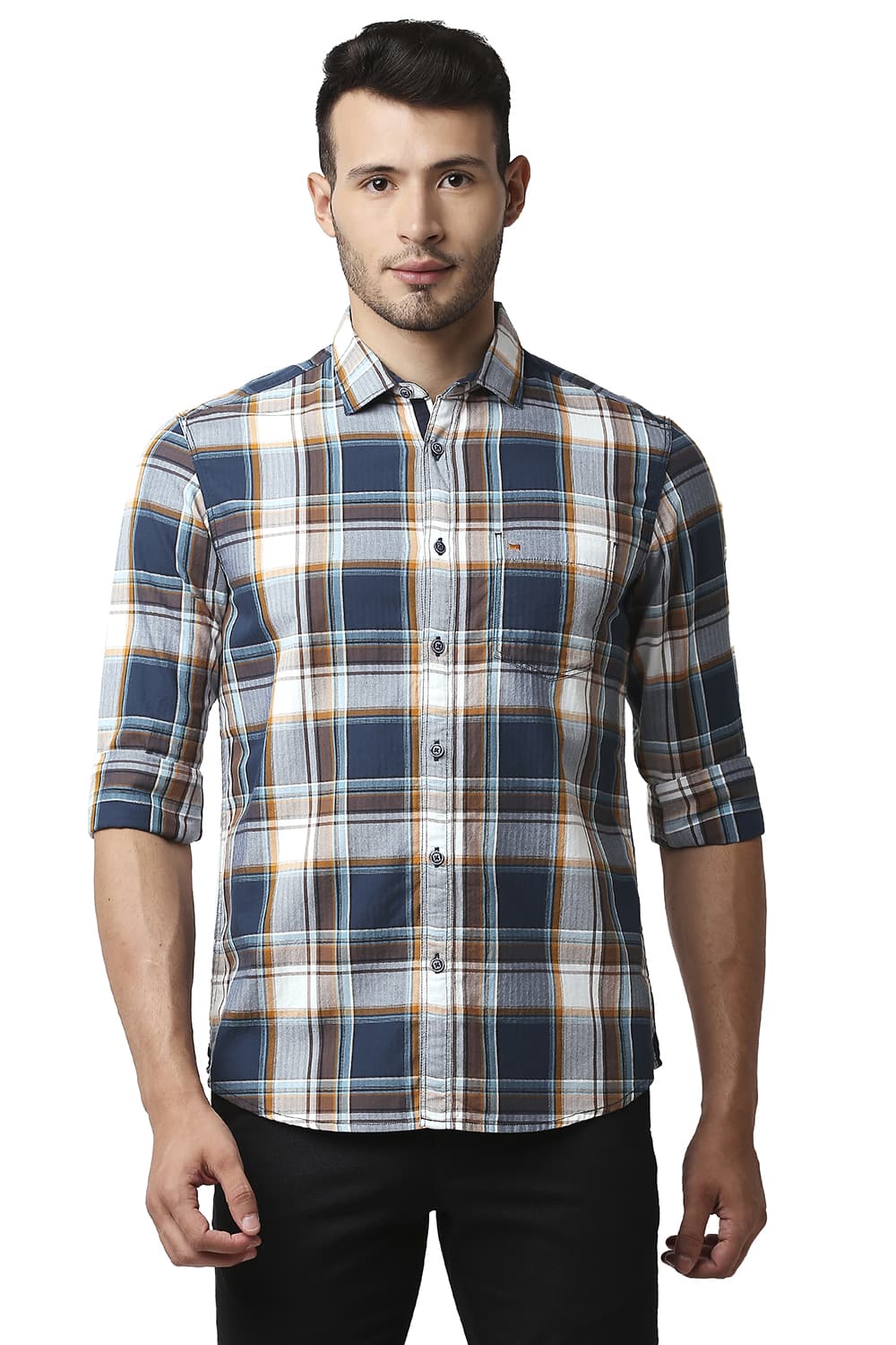 BASICS SLIM FIT HERRING BONE TWILL CHECKS SHIRT