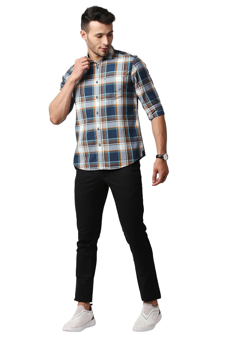 BASICS SLIM FIT LEGION TURQUOISE HERRING BONE TWILL CHECKS SHIRT