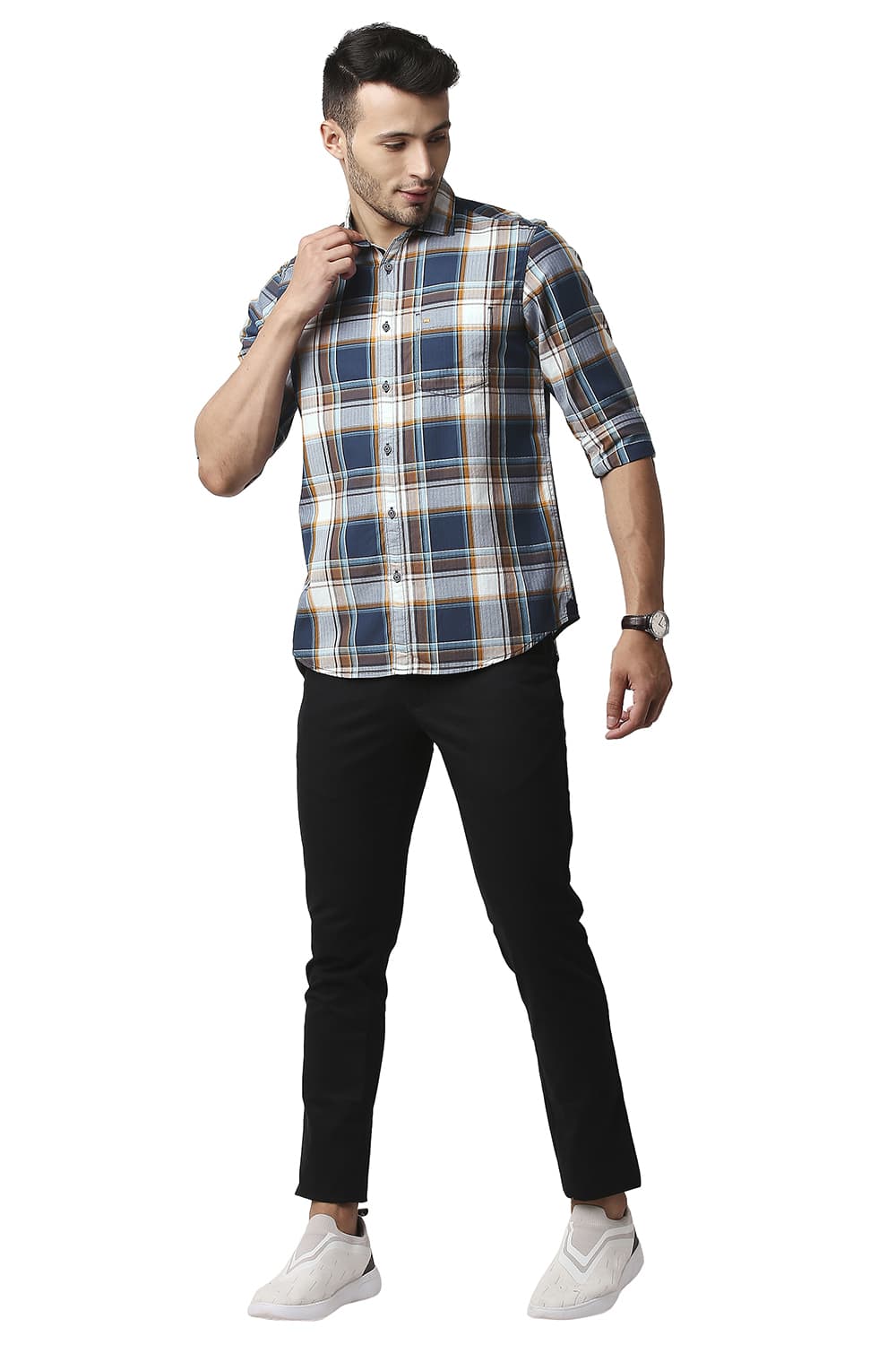 BASICS SLIM FIT HERRING BONE TWILL CHECKS SHIRT