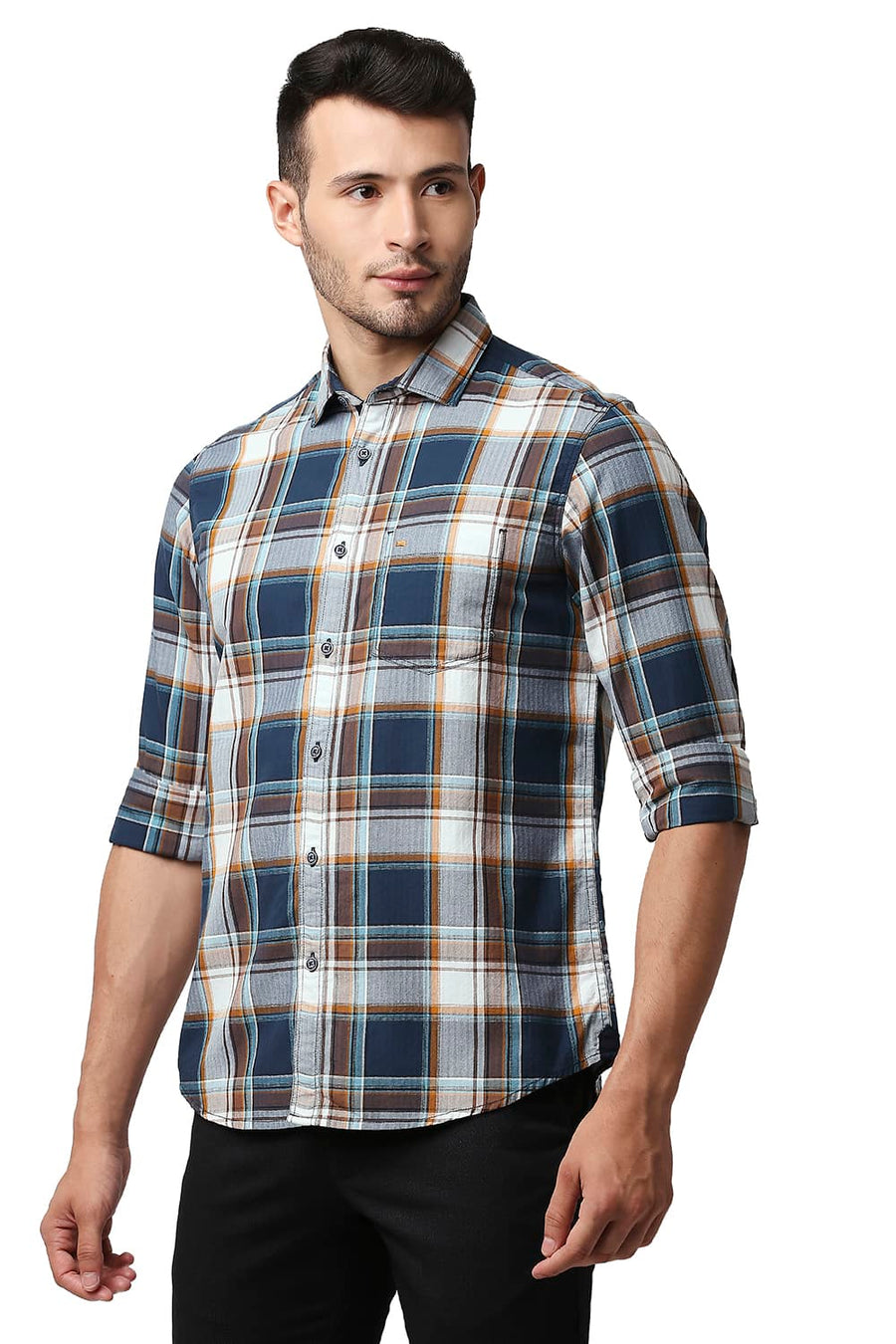 BASICS SLIM FIT LEGION TURQUOISE HERRING BONE TWILL CHECKS SHIRT