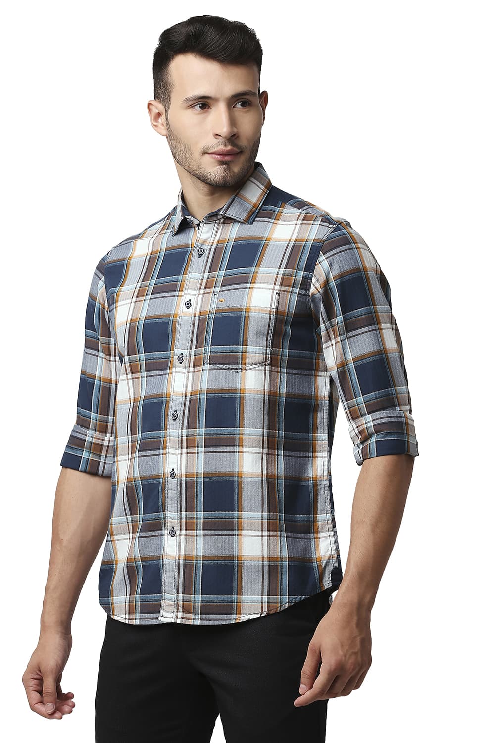 BASICS SLIM FIT HERRING BONE TWILL CHECKS SHIRT