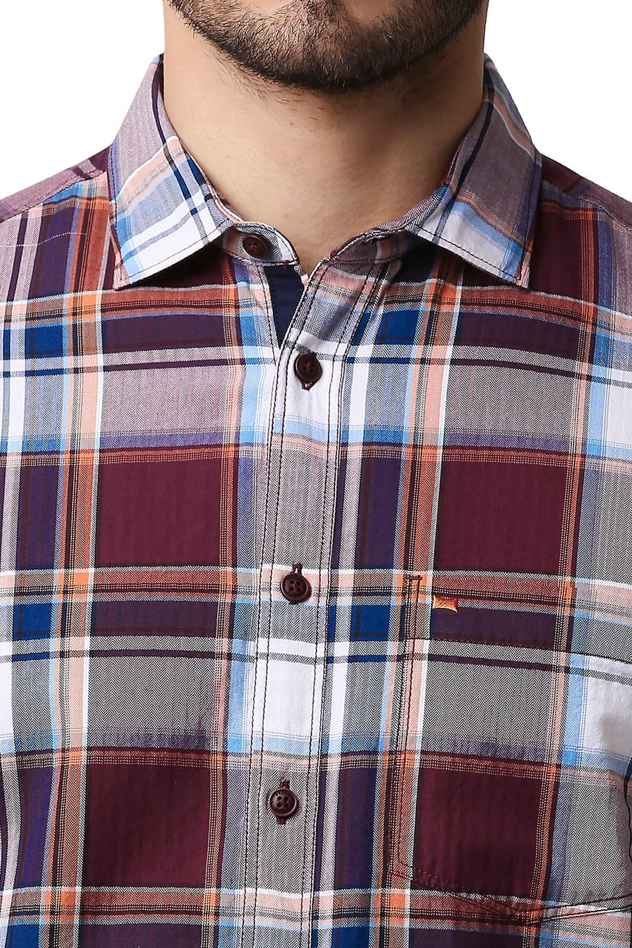 BASICS SLIM FIT RHODODENDRON RED HERRING BONE TWILL CHECKS SHIRT