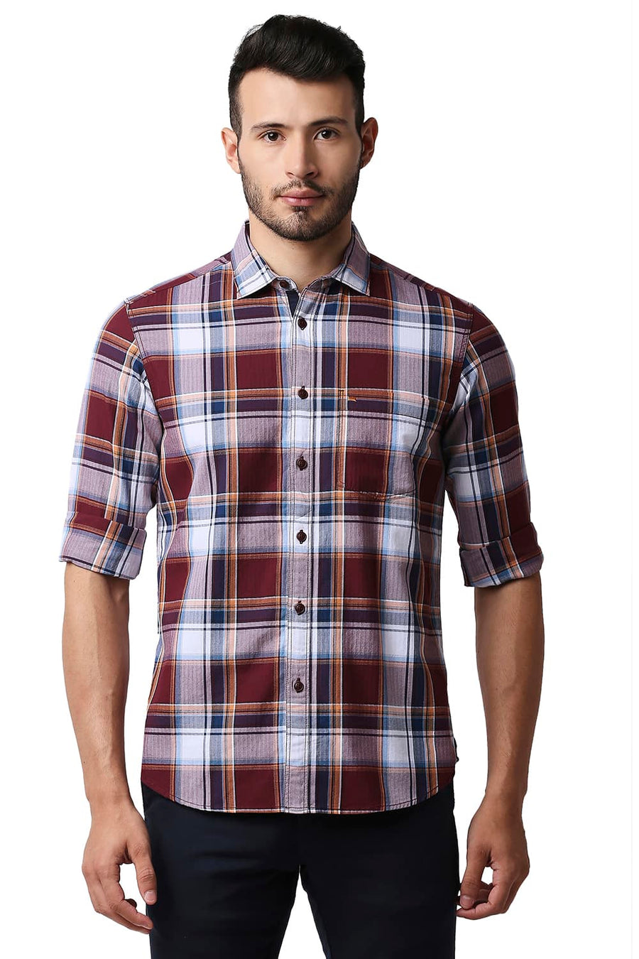 BASICS SLIM FIT RHODODENDRON RED HERRING BONE TWILL CHECKS SHIRT