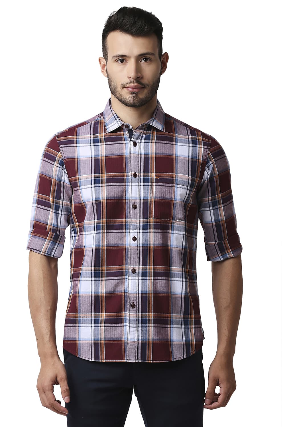 BASICS SLIM FIT HERRING BONE TWILL CHECKS SHIRT