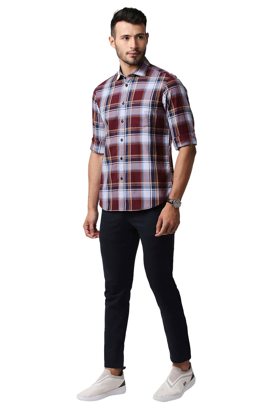 BASICS SLIM FIT RHODODENDRON RED HERRING BONE TWILL CHECKS SHIRT