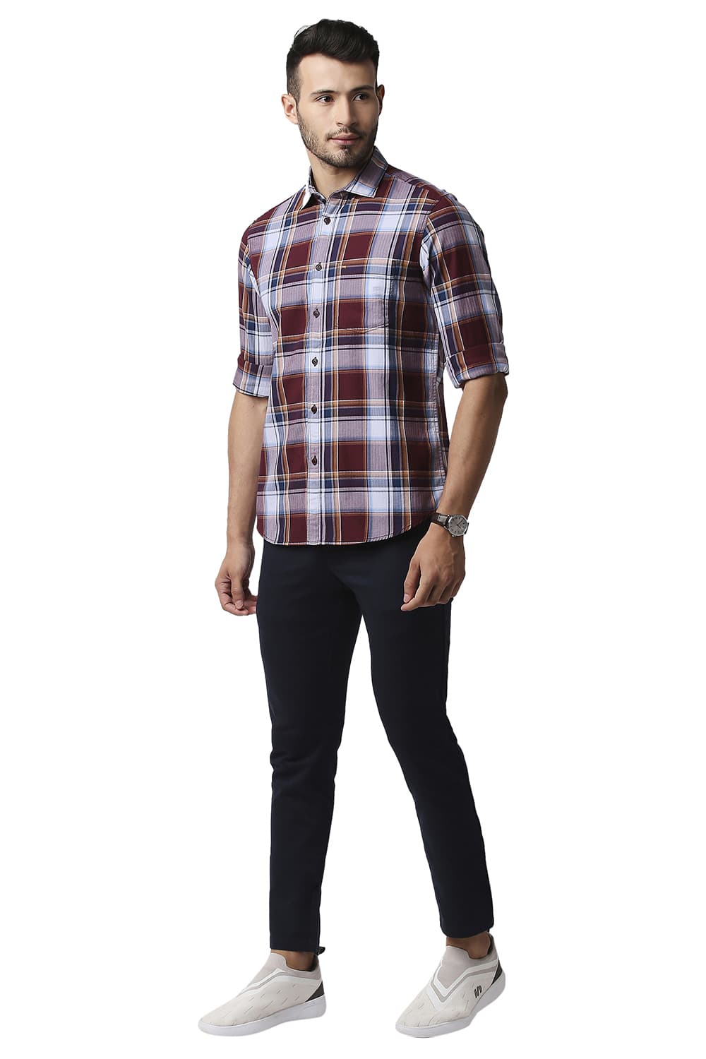 BASICS SLIM FIT HERRING BONE TWILL CHECKS SHIRT