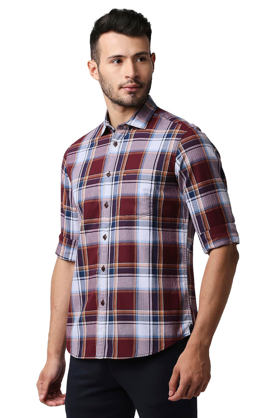 BASICS SLIM FIT RHODODENDRON RED HERRING BONE TWILL CHECKS SHIRT