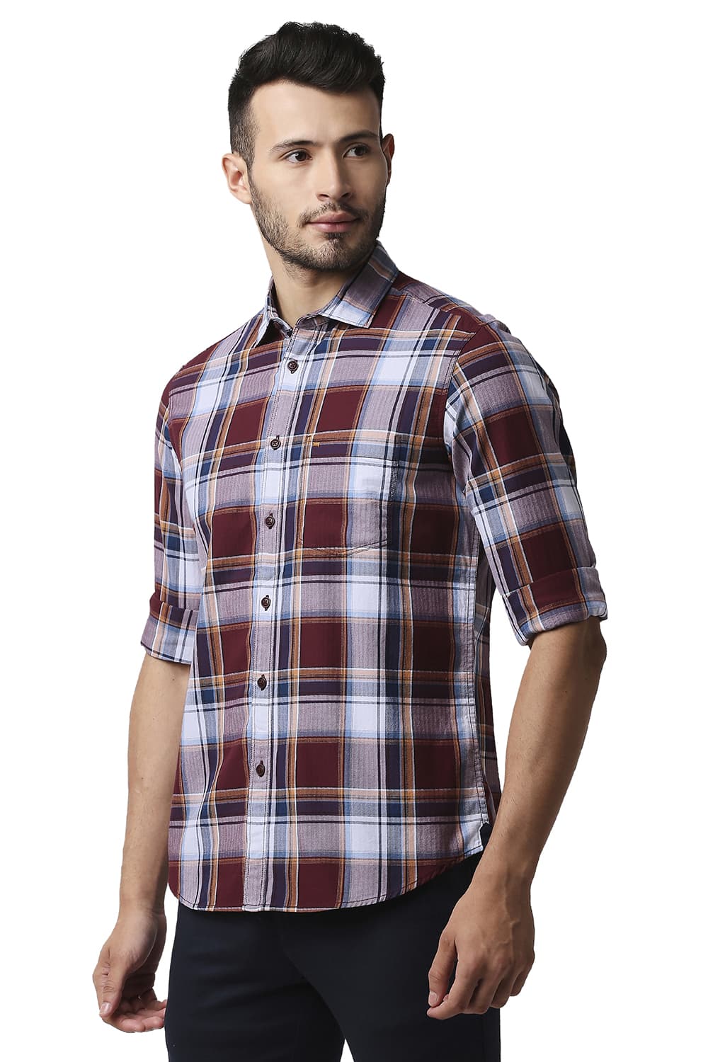 BASICS SLIM FIT HERRING BONE TWILL CHECKS SHIRT