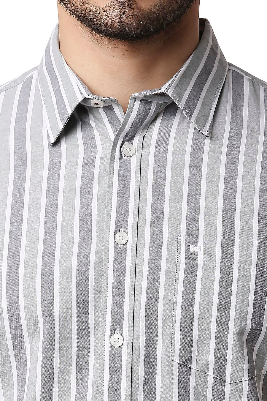 BASICS SLIM FIT HEDGE GREEN OXFORD STRIPE SHIRT