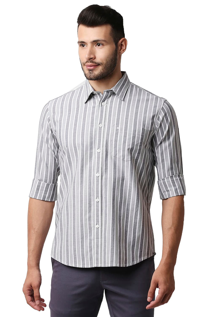 BASICS SLIM FIT HEDGE GREEN OXFORD STRIPE SHIRT