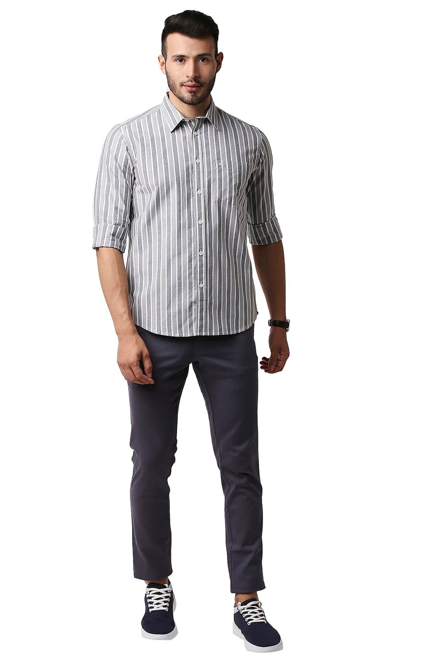 BASICS SLIM FIT HEDGE GREEN OXFORD STRIPE SHIRT