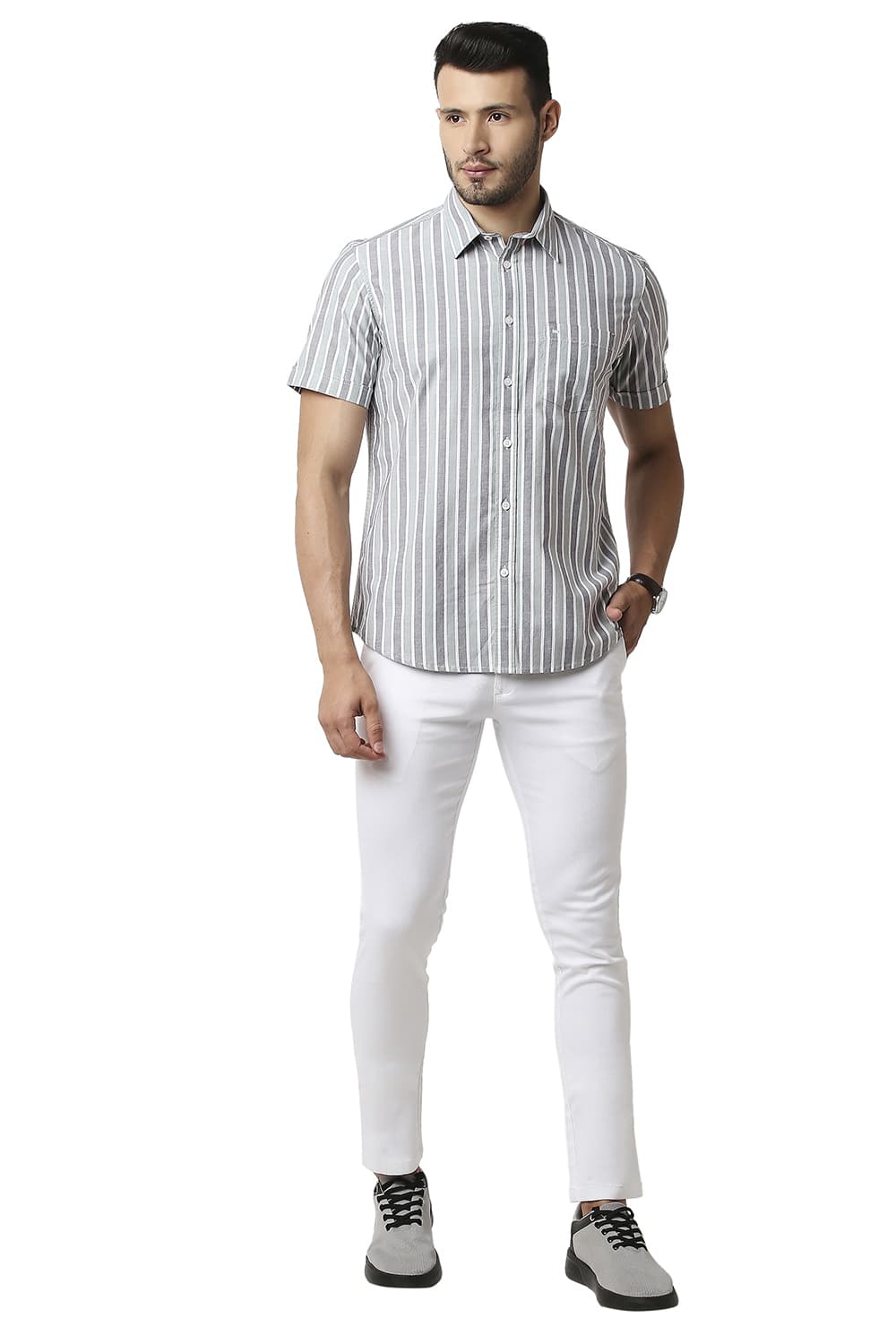 BASICS SLIM FIT OXFORD STRIPE HALFSLEEVES SHIRT