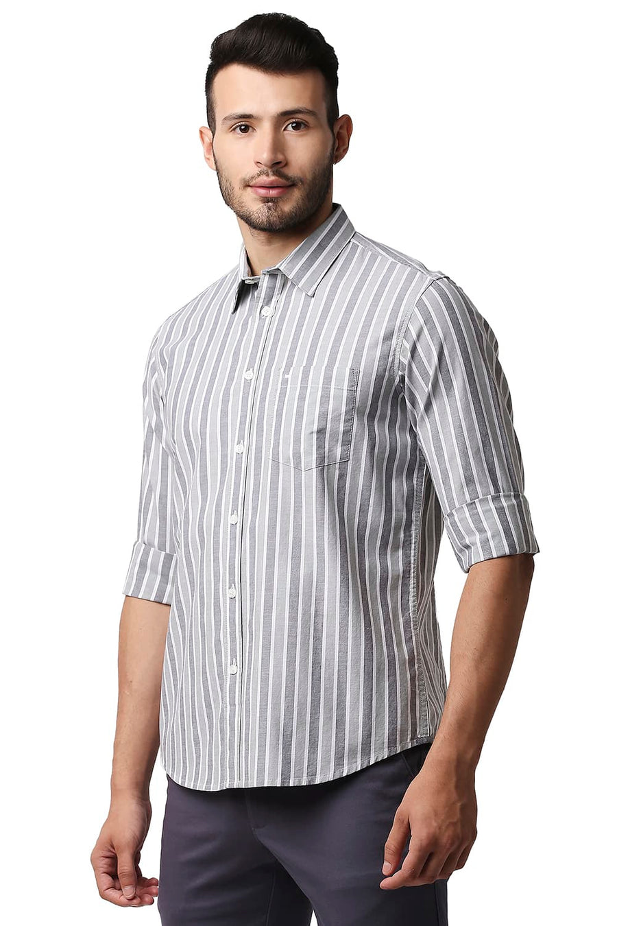 BASICS SLIM FIT HEDGE GREEN OXFORD STRIPE SHIRT