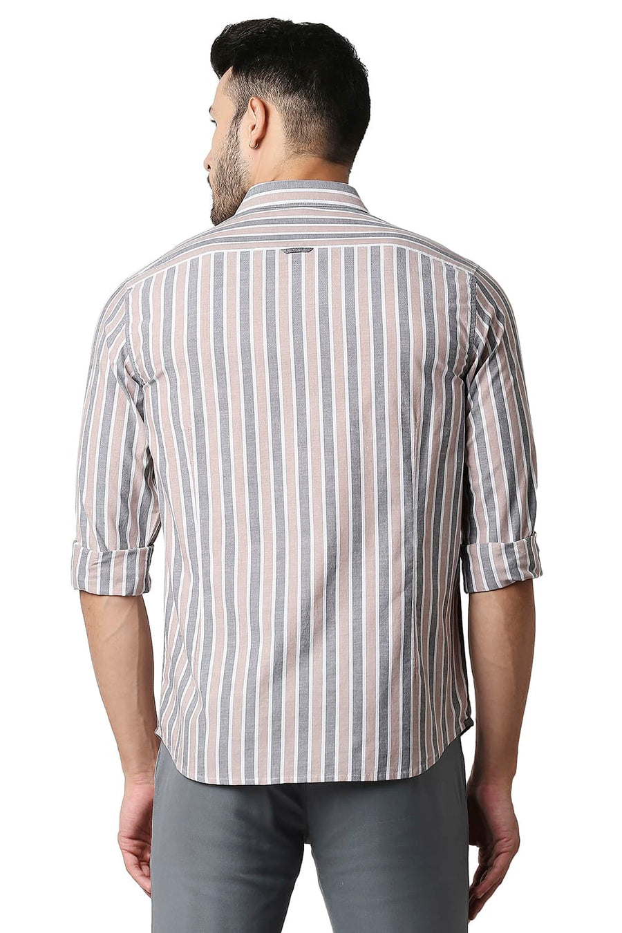 BASICS SLIM FIT ROEBUCK BROWN OXFORD STRIPE SHIRT