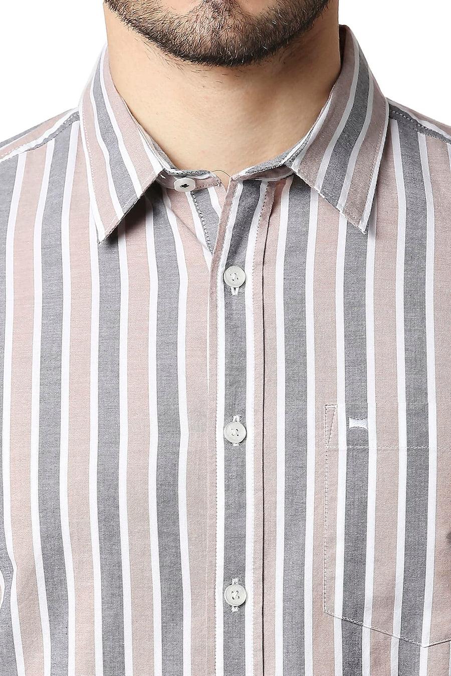BASICS SLIM FIT ROEBUCK BROWN OXFORD STRIPE SHIRT