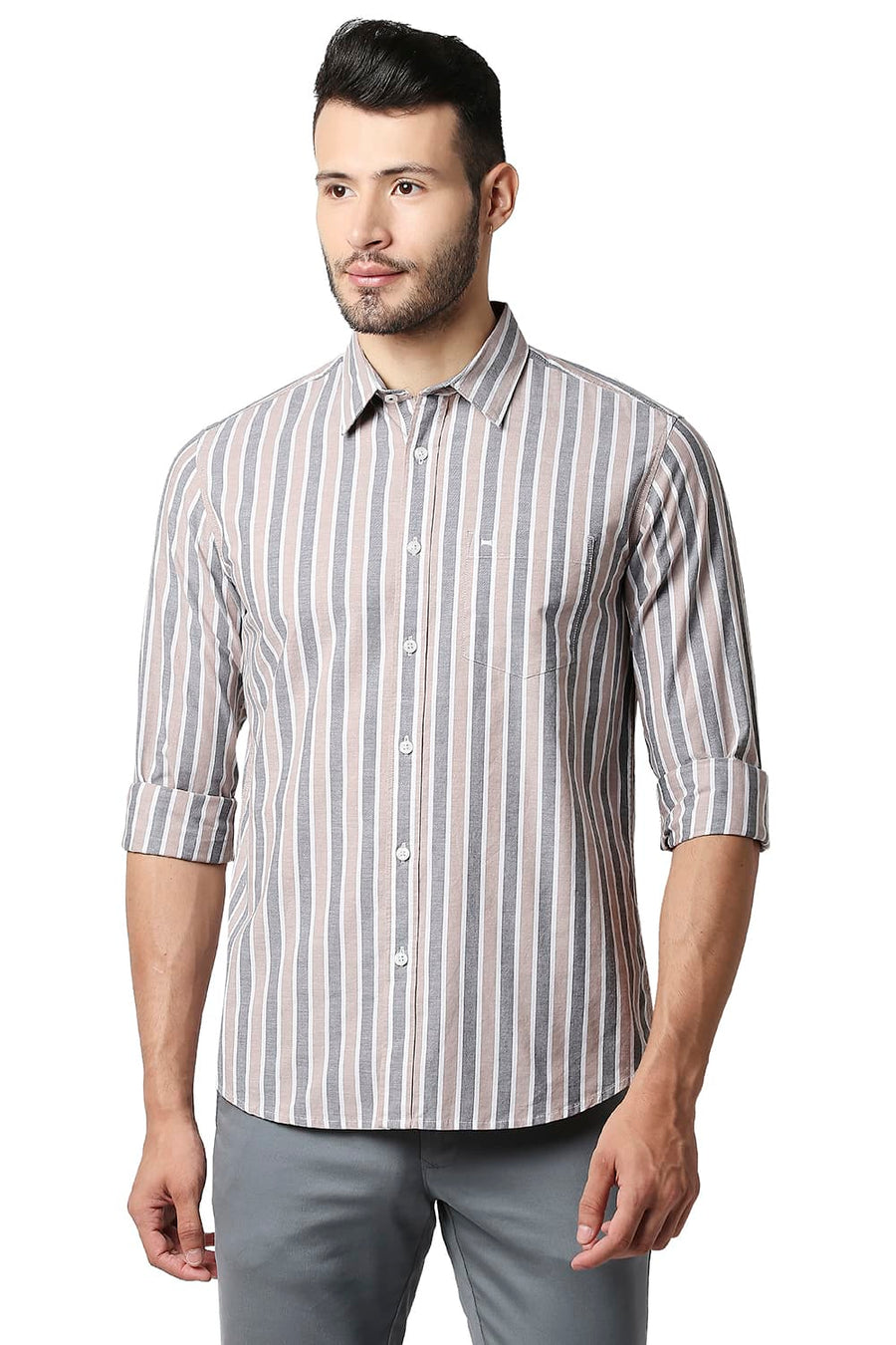 BASICS SLIM FIT ROEBUCK BROWN OXFORD STRIPE SHIRT