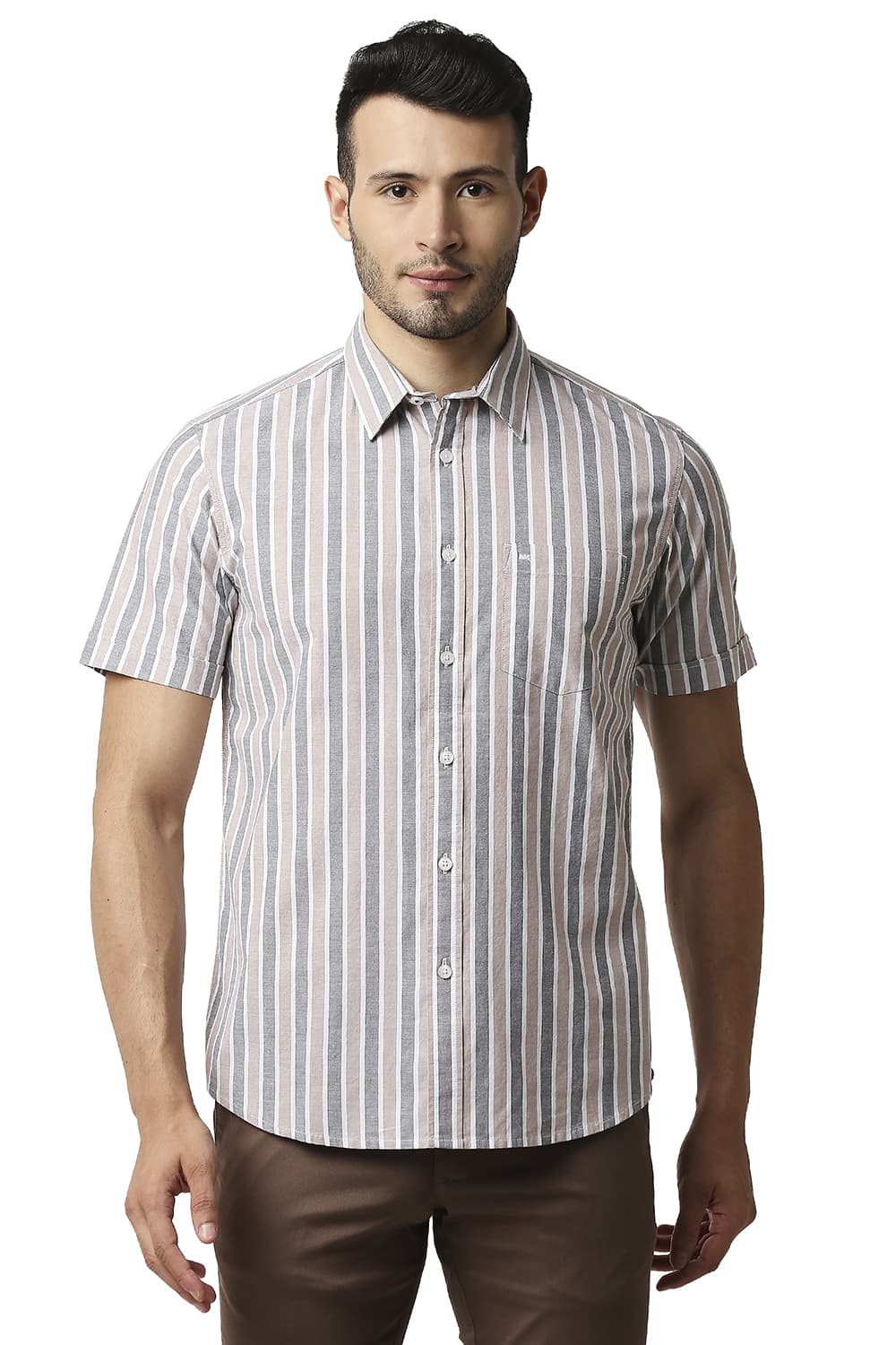 BASICS SLIM FIT OXFORD STRIPE HALFSLEEVES SHIRT