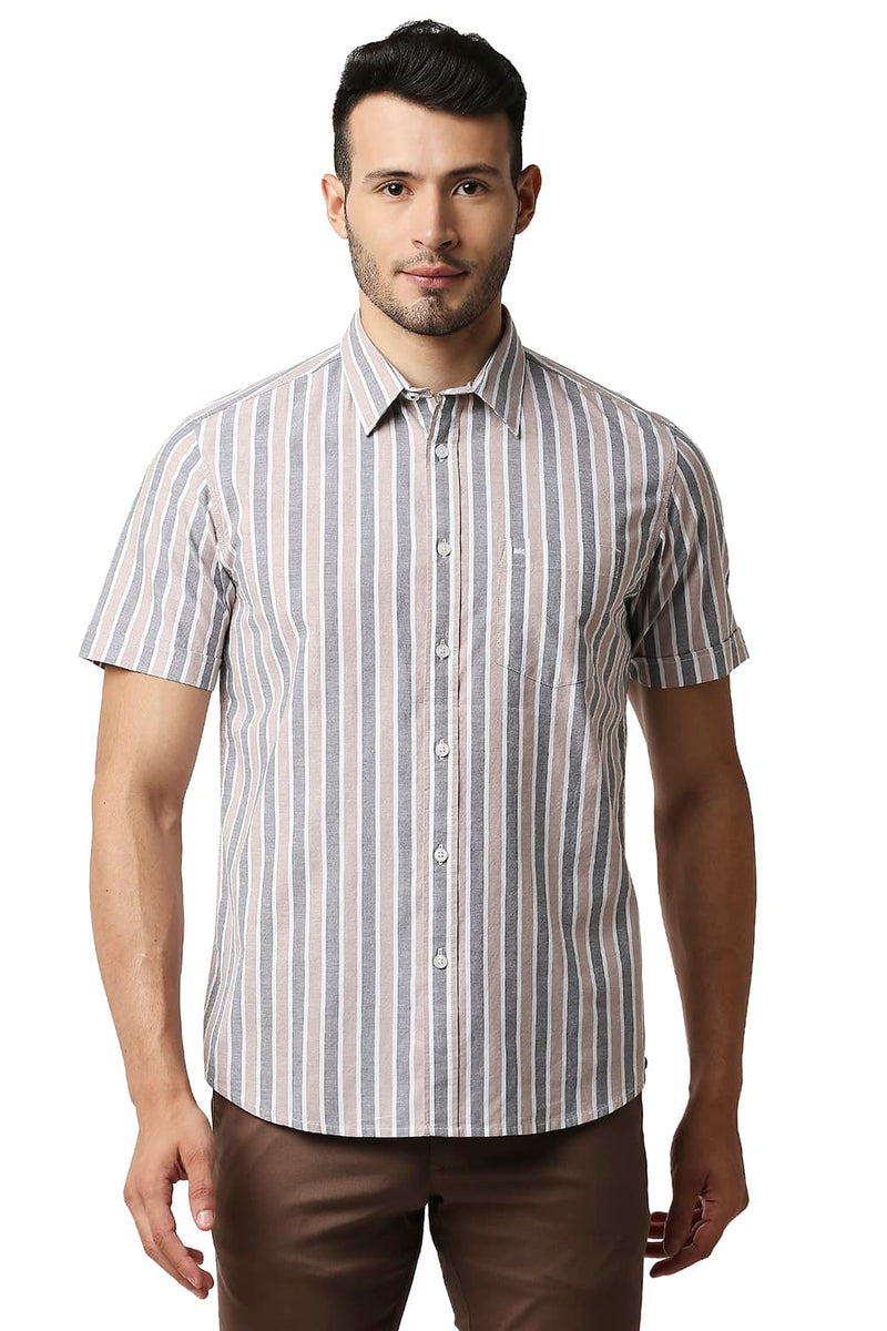 BASICS SLIM FIT OXFORD STRIPE HALFSLEEVES SHIRT