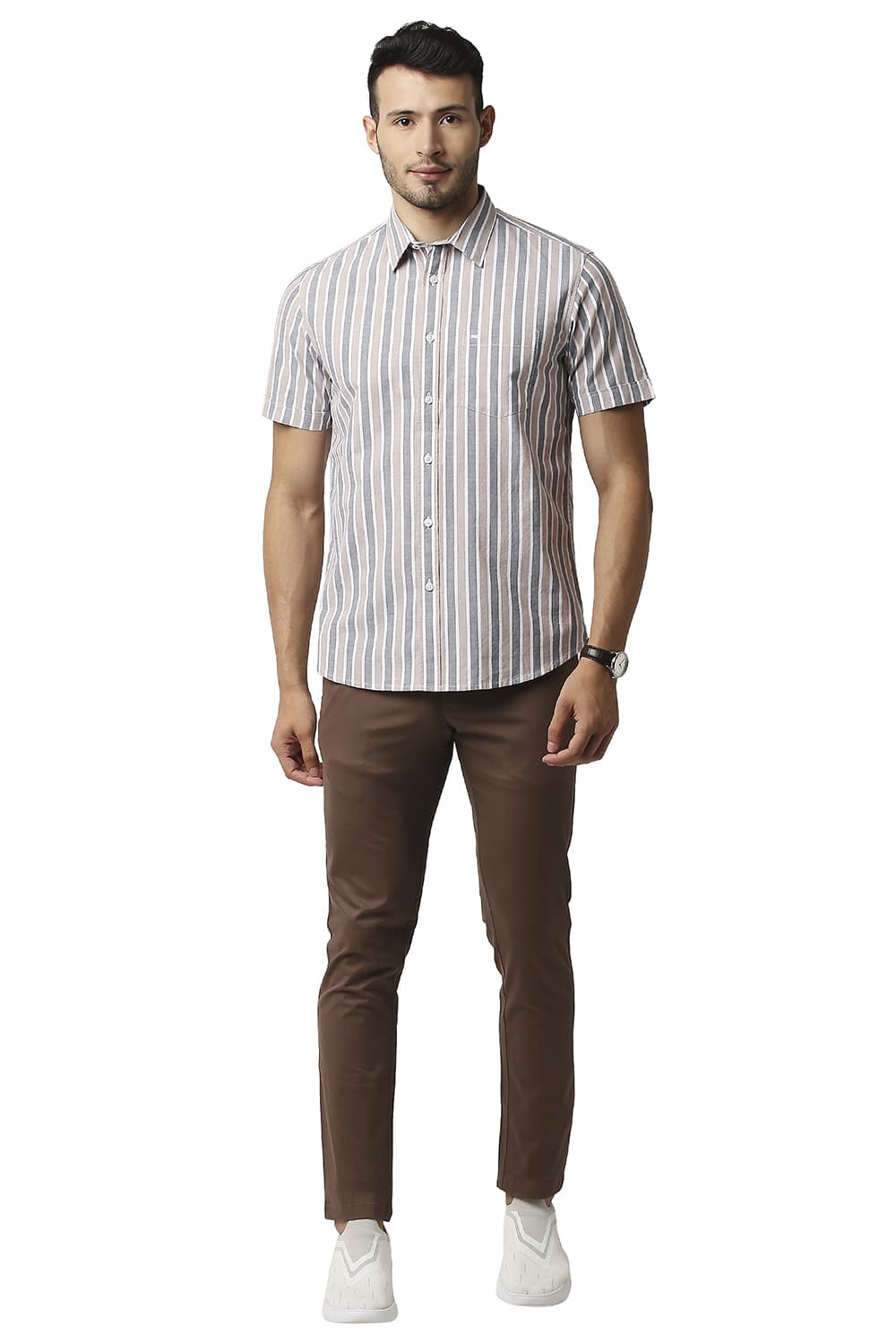 BASICS SLIM FIT OXFORD STRIPE HALFSLEEVES SHIRT