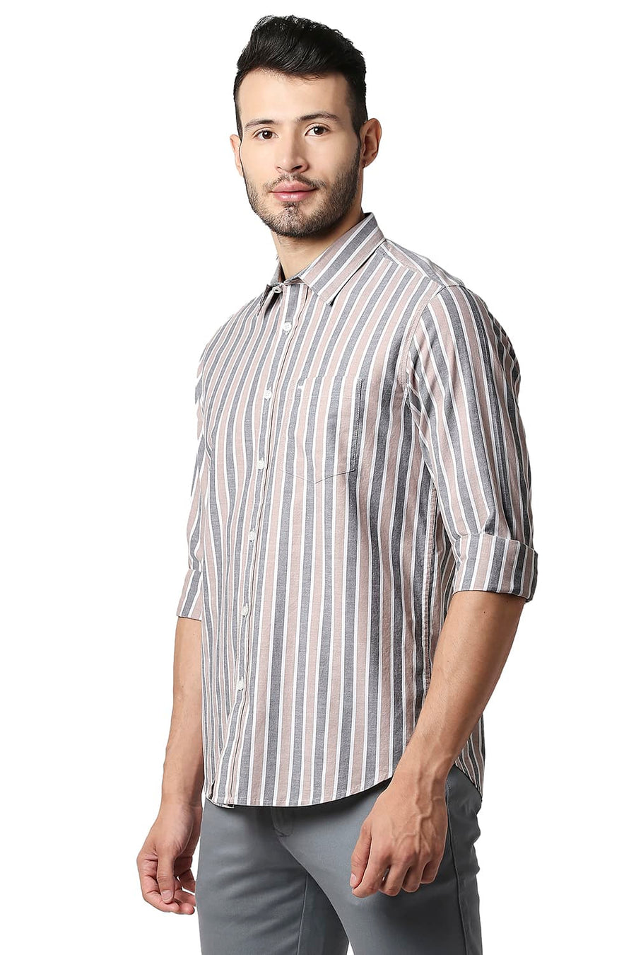 BASICS SLIM FIT ROEBUCK BROWN OXFORD STRIPE SHIRT