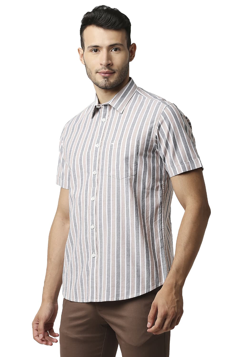 BASICS SLIM FIT OXFORD STRIPE HALFSLEEVES SHIRT