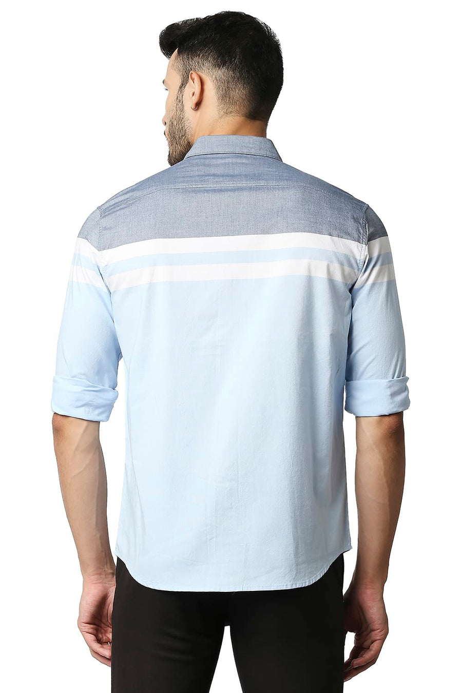 BASICS SLIM FIT POWDER BLUE OXFORD ENGINEERING WEFT STRIPE SHIRT