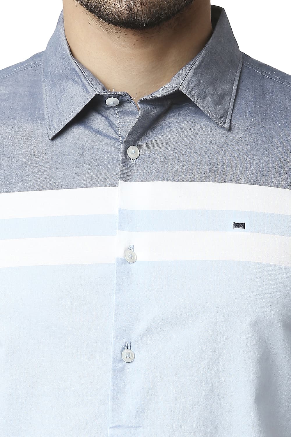 BASICS SLIM FIT OXFORD ENGINEERING WEFT STRIPE HALFSLEEVES SHIRT