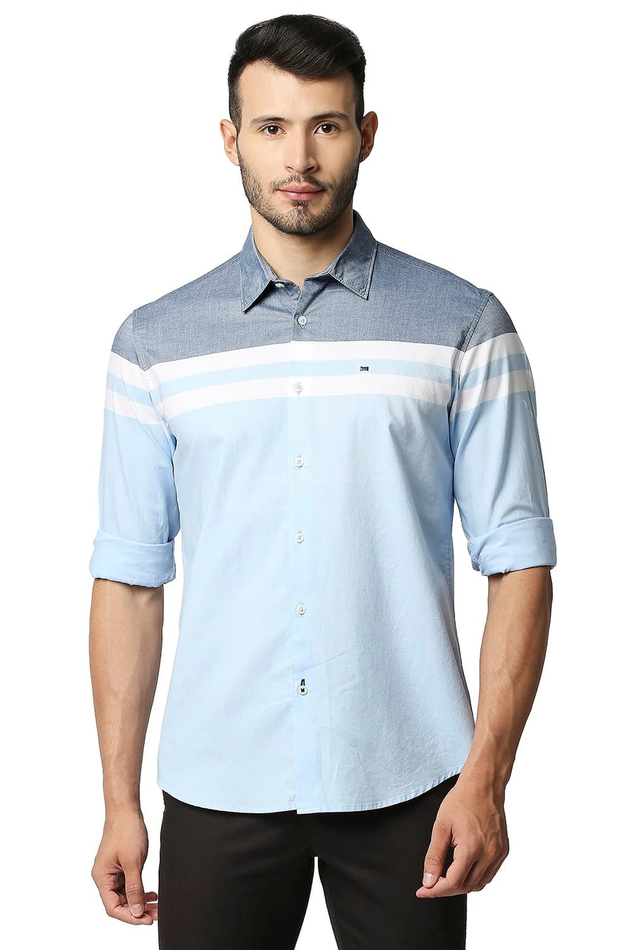 BASICS SLIM FIT POWDER BLUE OXFORD ENGINEERING WEFT STRIPE SHIRT