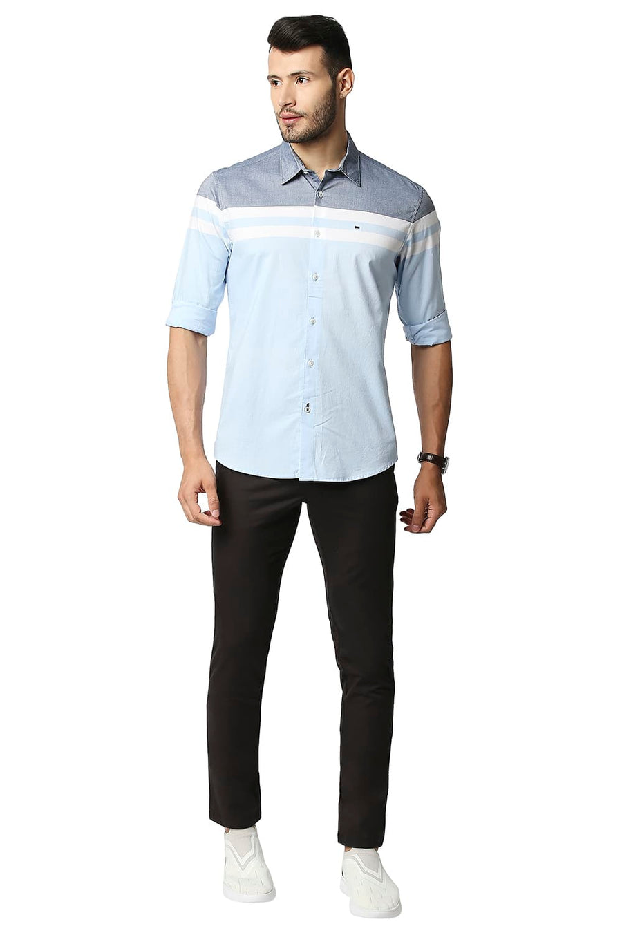 BASICS SLIM FIT POWDER BLUE OXFORD ENGINEERING WEFT STRIPE SHIRT