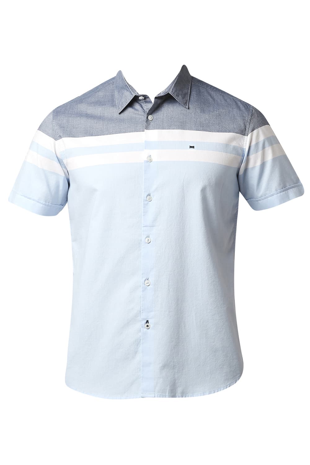 BASICS SLIM FIT OXFORD ENGINEERING WEFT STRIPE HALFSLEEVES SHIRT