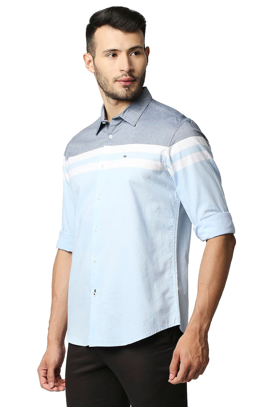 BASICS SLIM FIT POWDER BLUE OXFORD ENGINEERING WEFT STRIPE SHIRT