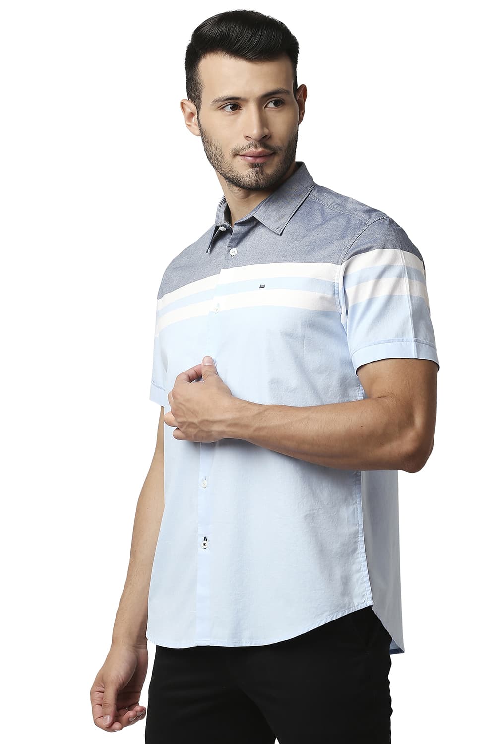 BASICS SLIM FIT OXFORD ENGINEERING WEFT STRIPE HALFSLEEVES SHIRT