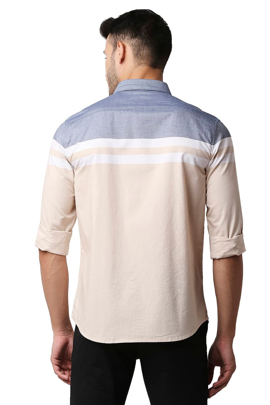 BASICS SLIM FIT SEMOLINA BEIGE OXFORD ENGINEERING WEFT STRIPE SHIRT